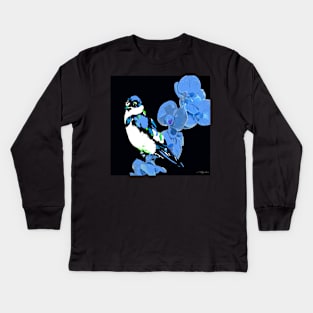 MIDNIGHT BLUE ORCHID AND BIRD Kids Long Sleeve T-Shirt